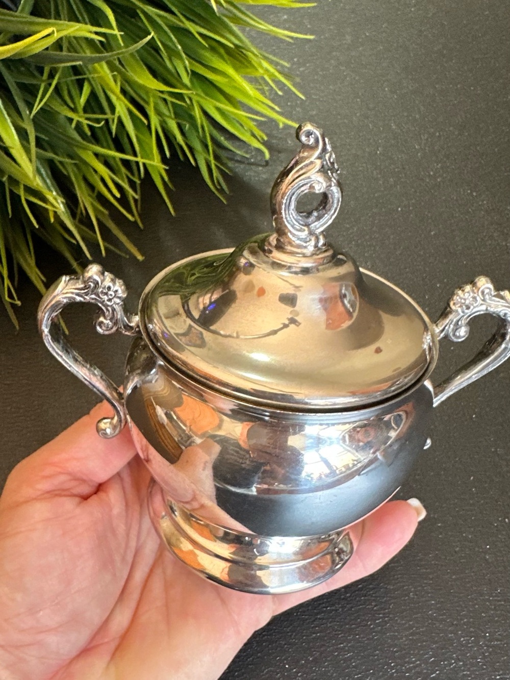 Silver-Plated Decorative Sugar Bowl with Lid and Handles